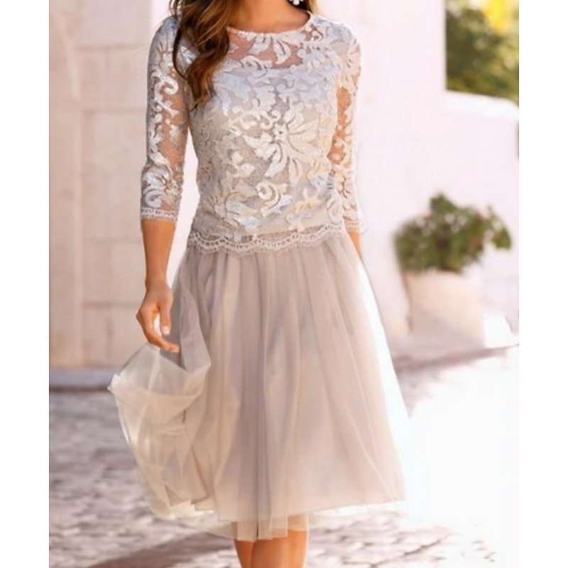 Beach Wedding A-Line Mother of the Bride Dress Wedding Guest Elegant See Through Jewel Neck Knee Length Chiffon Lace Tulle 3/4 Length Sleeve with Pleats Appliques