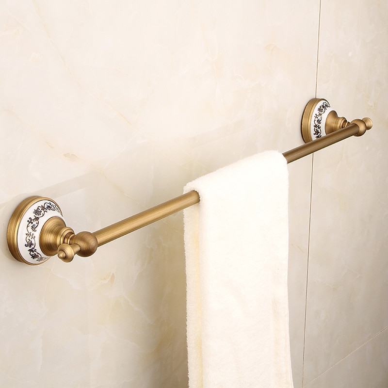 Multifunction Brushed Brass Towel holder Antique Brass and Ceramic Printing Bathroom Shelf Single Rod Wall Mounted Electroplated3