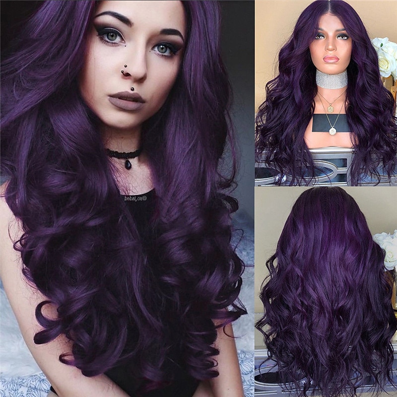 Purple Wigs for Women Gothic Wig Synthetic Wig Body Wave Middle Part Wig Long Black Red Dark Purple Synthetic Hair 26 Inch Women Purple（Non-Lace） Halloween Wigs2