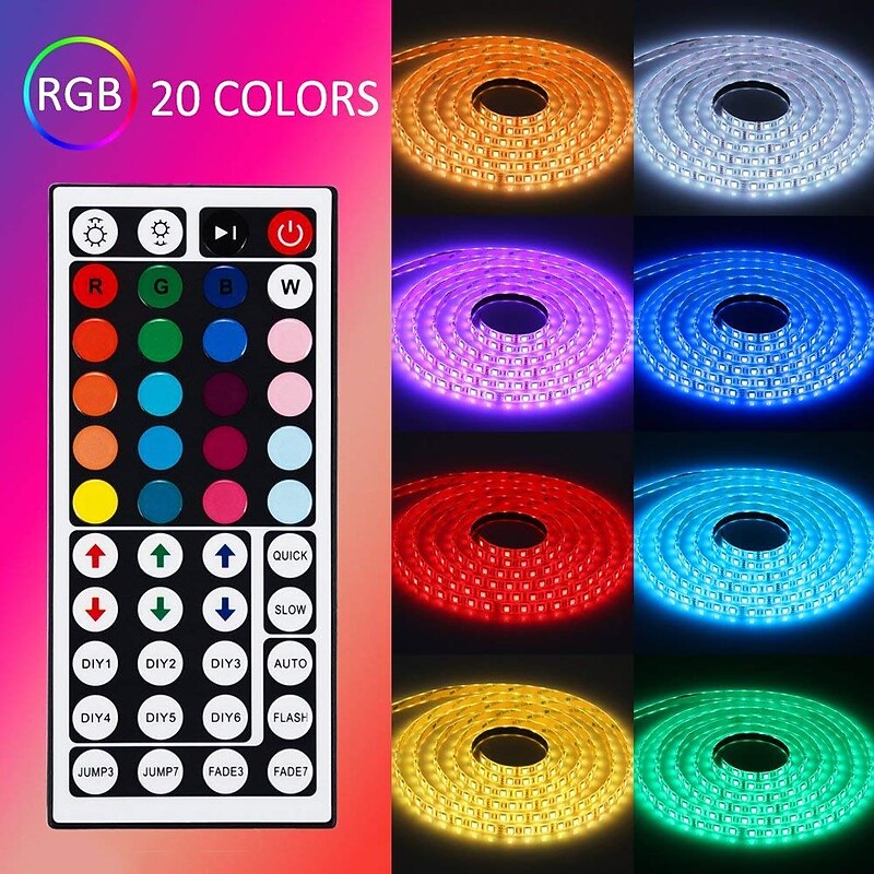 5M 16.4ft LED Strip Lights RGB TV Backlight Bedroom Kitchen Decor 300 x 5050SMD IR 44Key Remote Control Self-adhesive Color-Changing3