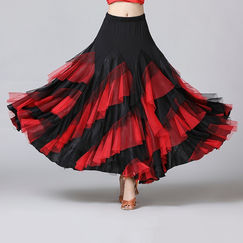 Ballroom Dance Skirts Cascading Ruffles Split Joint Women's Training Performance Natural Mesh Chiffon Milk Fiber