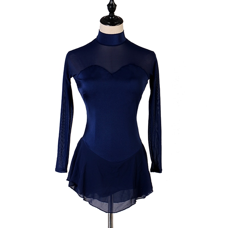 Figure Skating Dress Women's Girls' Ice Skating Dress Outfits Dark Navy Patchwork Mesh Spandex High Elasticity Practice Professional Competition Skating Wear Handmade Classic Crystal / Rhinestone3
