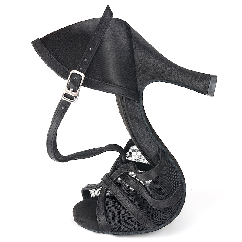 Women's Black Strappy Mesh Dance Heels with Buckle Closure – Elegant Open-Toe Shoes for Ballroom, Latin, and Special Events2