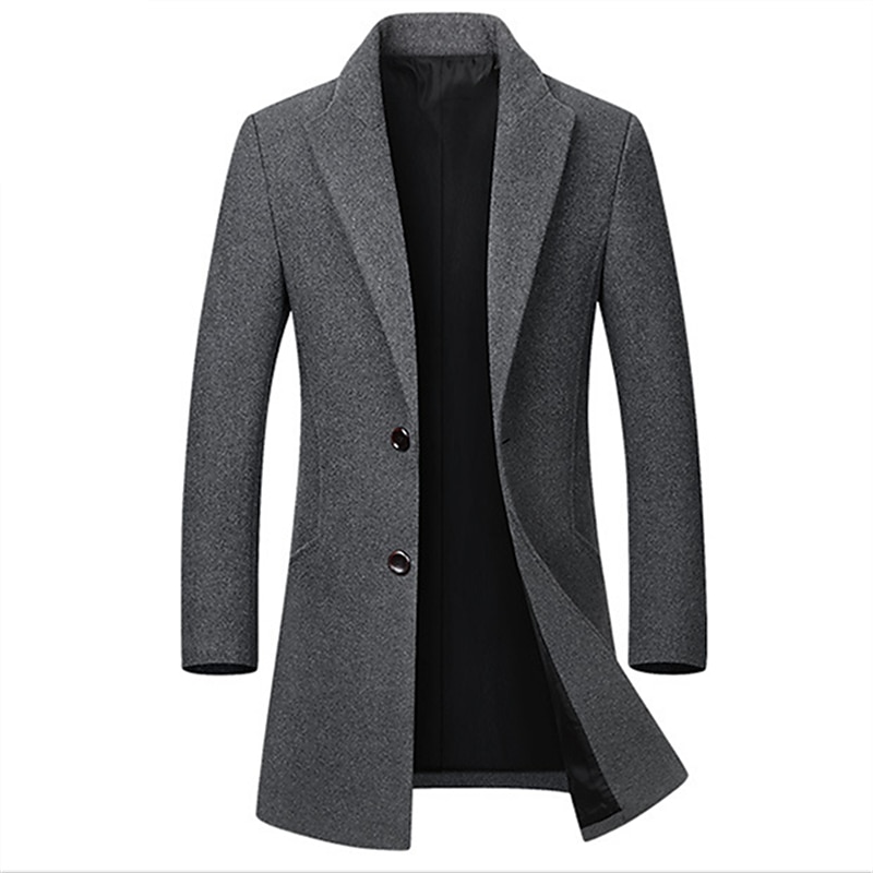 Men's Winter Coat Wool Coat Overcoat Business Casual Winter Wool Outerwear Clothing Apparel Basic Solid Colored Notch lapel collar