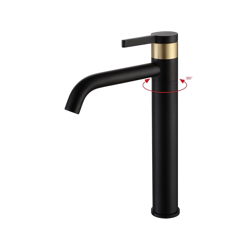 Bathroom Sink Mixer Faucet Tall, 360 Swivel Single Rotatable Handle Mono Basin Taps Deck Mounted, Washroom Monobloc Vessel Tap with Cold Hot Hose Chrome Golden Black2
