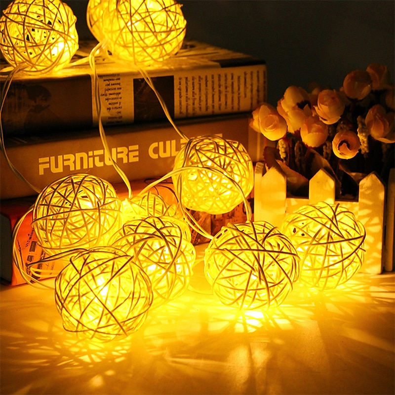 Elegant Wedding Reception Party 2M Rattan Ball String Lights 20 LEDs String Lights    Battery Powered Warm White, RGB, White, Blue Decorative Lights for Christmas, Wedding and Party