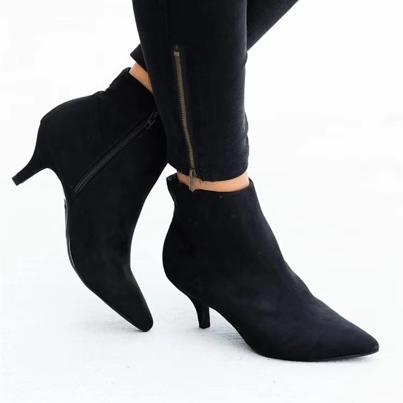 Women's Black Faux Suede Ankle Boots with Pointed Toe & Kitten Heel - Elegant Casual & Evening Footwear for Office & Special Events2