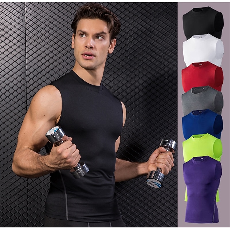 Men's Gym Tank Top Compression Tank Top Sleeveless Base Layer Athletic Fall Solid Colored Quick Dry Sweat wicking Gym Workout Basketball Running Sportswear Activewear Neon Green Black White2