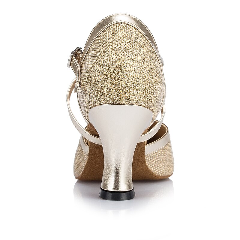 Women's Ballroom Dance Shoes Modern Shoes Performance Training Party Heel Glitter Net Thick Heel Buckle Silver Gold Beige 5