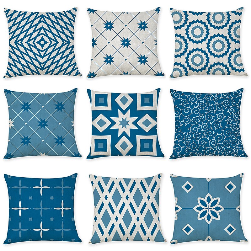 Blue Set of 9 Pillow Cover, Geometric Pattern Geometic Leisure Modern Faux Linen Throw Pillow Outdoor Cushion for Sofa Couch Bed Chair Blue2
