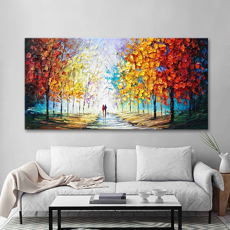 Handmade Oil Painting Canvas Wall Art Decoration Pedestrian Trees Autumn Scenery for Home Decor Stretched Frame Hanging Painting 10