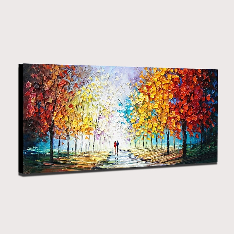 Handmade Oil Painting Canvas Wall Art Decoration Pedestrian Trees Autumn Scenery for Home Decor Stretched Frame Hanging Painting4