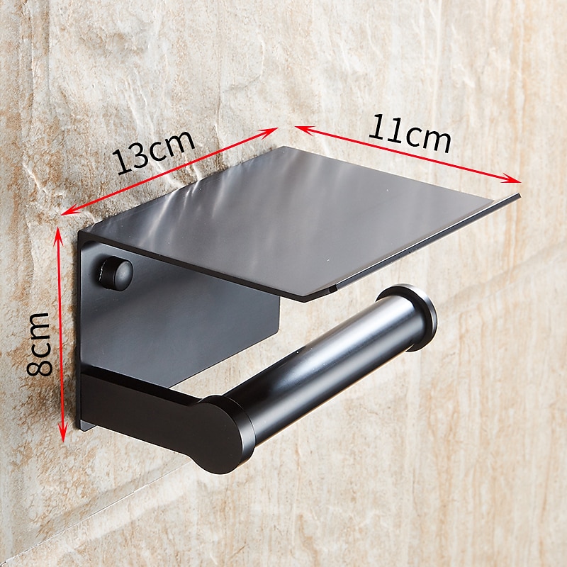 Aluminium Bathroom Paper Holder with Mobile Phone Storage Shelf Wall Mounted Roll Holder Black and Silvery 1pc4