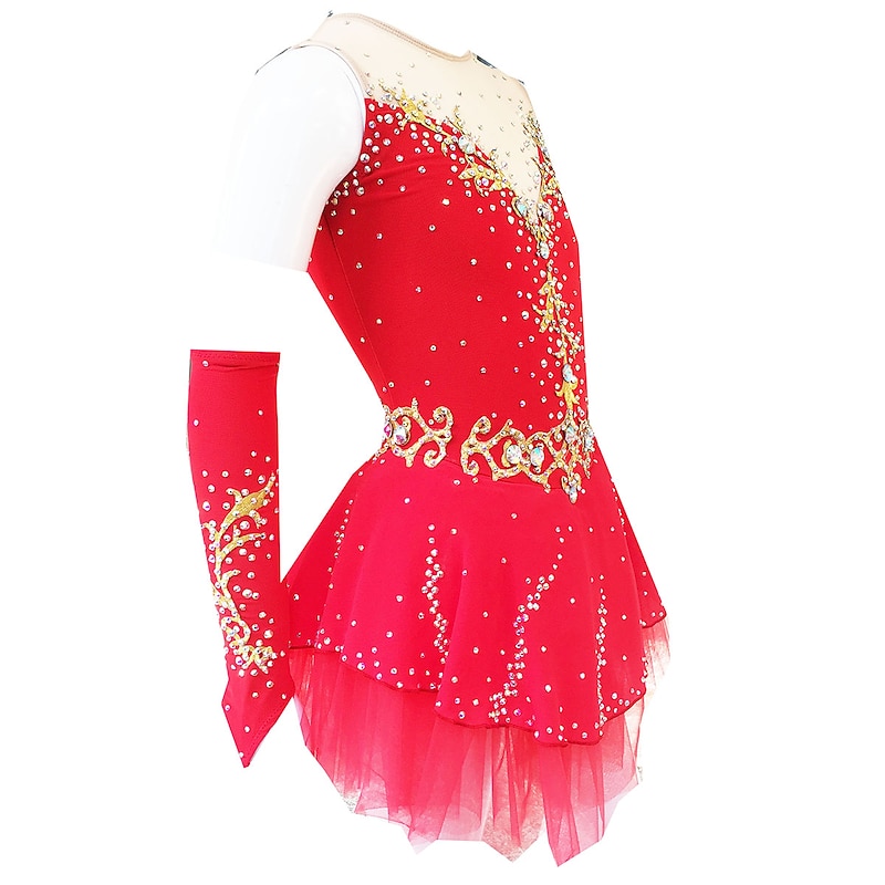 Figure Skating Dress Women's Girls' Ice Skating Dress Outfits White / White Yellow & Yellow Dark Purple Open Back Mesh Spandex Training Competition Skating Wear Handmade Crystal / Rhinestone Ice3