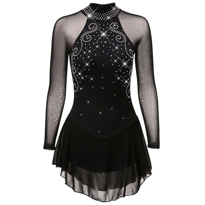 Figure Skating Dress Women's Girls' Ice Skating Dress Outfits Black Mesh Spandex High Elasticity Practice Professional Competition Skating Wear Anatomic Design Quick Dry Handmade Classic Crystal