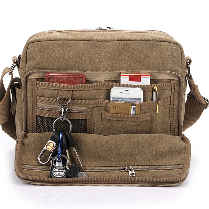 Men's Brown Canvas Messenger Bag with Multiple Pockets and Adjustable Strap for Travel and Daily Use
