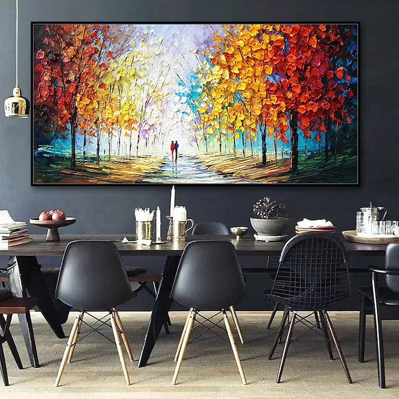 Handmade Oil Painting Canvas Wall Art Decoration Pedestrian Trees Autumn Scenery for Home Decor Stretched Frame Hanging Painting