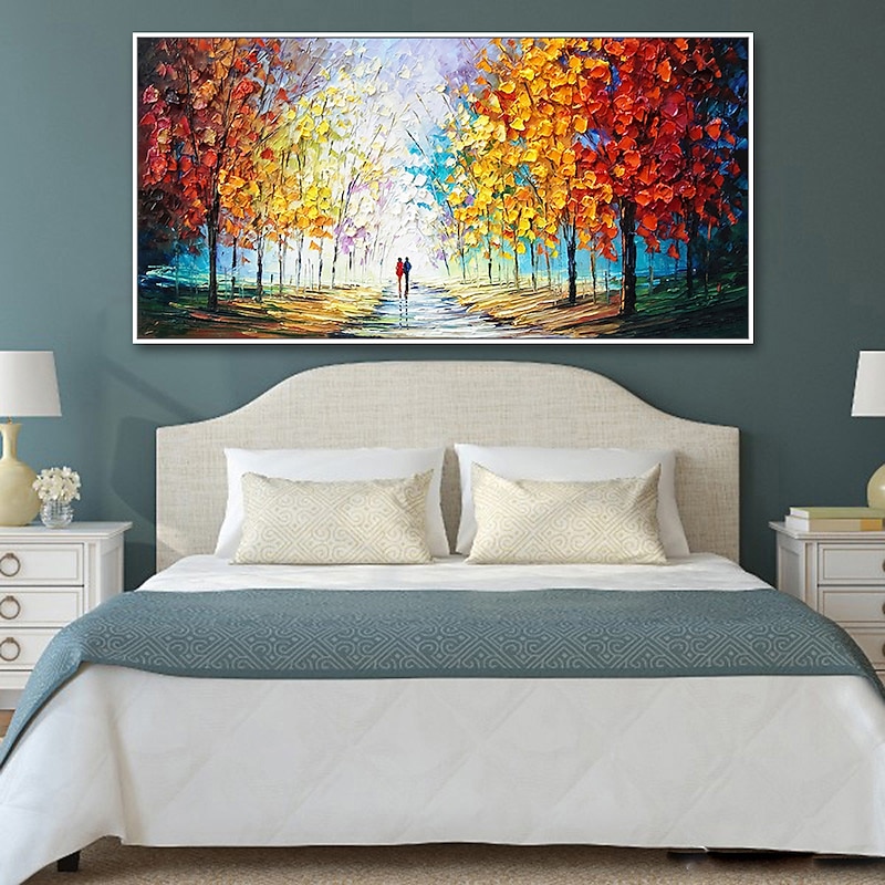 Handmade Oil Painting Canvas Wall Art Decoration Pedestrian Trees Autumn Scenery for Home Decor Stretched Frame Hanging Painting 8