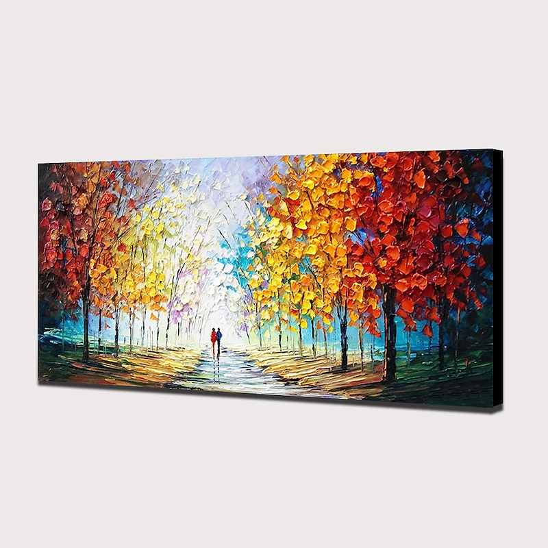 Handmade Oil Painting Canvas Wall Art Decoration Pedestrian Trees Autumn Scenery for Home Decor Stretched Frame Hanging Painting 5