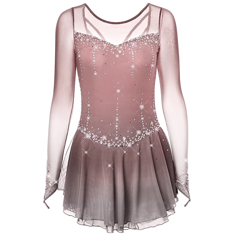 Figure Skating Dress Women's Girls' Ice Skating Dress Dark-Gray Violet Purple Mesh Spandex High Elasticity Training Practice Competition Skating Wear Handmade Classic Crystal / Rhinestone Long Sleeve2