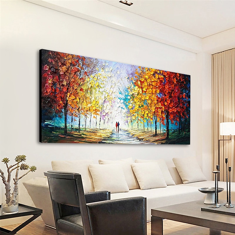 Handmade Oil Painting Canvas Wall Art Decoration Pedestrian Trees Autumn Scenery for Home Decor Stretched Frame Hanging Painting 7