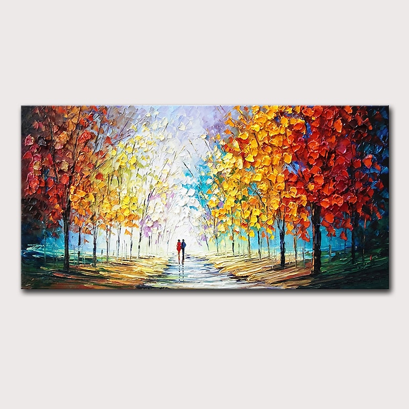 Handmade Oil Painting Canvas Wall Art Decoration Pedestrian Trees Autumn Scenery for Home Decor Stretched Frame Hanging Painting3