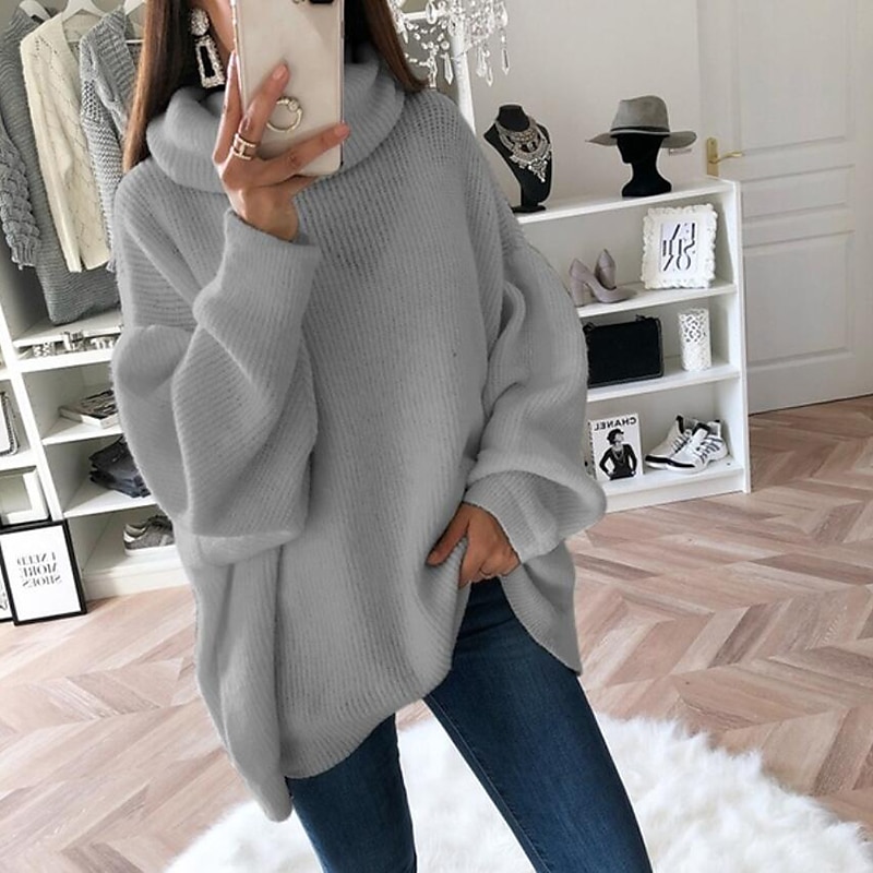 Women's Pullover Sweater Jumper Basic Casual Solid Color Ribbed Turtleneck Drop Shoulder Long Sleeve Tunic Knit Daily Holiday Black White Fall Winter3
