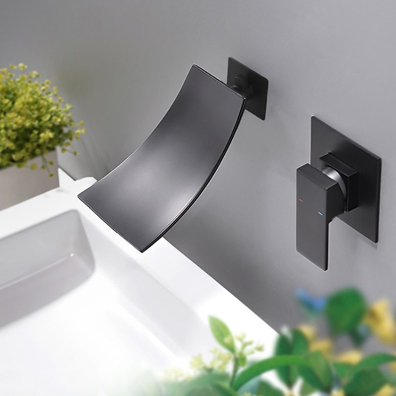 Wall Mount Bathroom Sink Mixer Faucet Matte Black, Concealed Washroom Basin Taps Waterfall Spout Single Handle 2 Hole,  Rough in Valve Mixer Bathtub Taps2