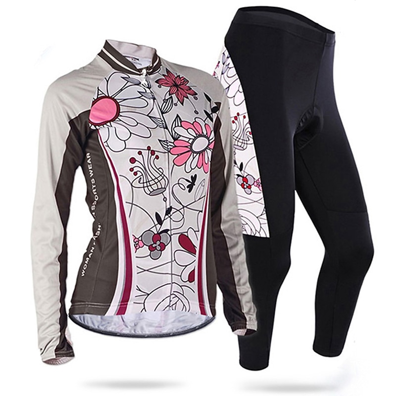 Nuckily Women's Long Sleeve Cycling Jersey with Tights Summer Black Floral Botanical Bike Clothing Suit Windproof Breathable Anatomic Design Reflective Strips Back Pocket Sports Polyester Lycra Floral 15