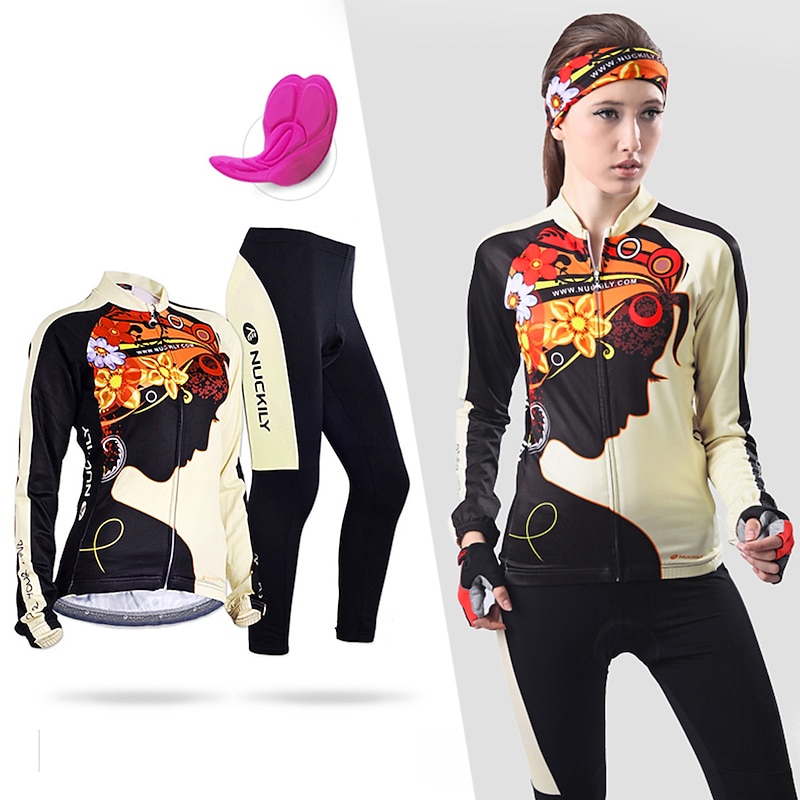 Nuckily Women's Long Sleeve Cycling Jersey with Tights Summer Black Floral Botanical Bike Clothing Suit Windproof Breathable Anatomic Design Reflective Strips Back Pocket Sports Polyester Lycra Floral 22