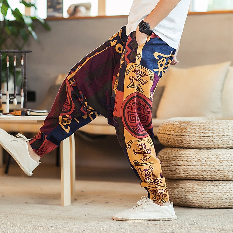 Men's Linen Pants Trousers Summer Pants Beach Pants Elastic Waist Drop Crotch Geometric Party Daily Hip-Hop Boho Loose Fit White Yellow2