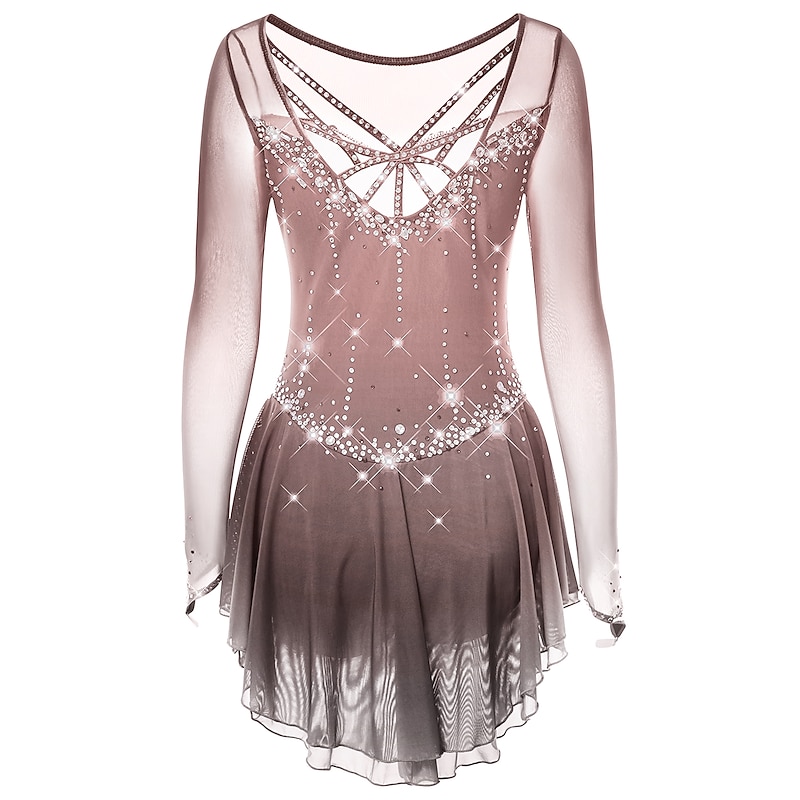 Figure Skating Dress Women's Girls' Ice Skating Dress Dark-Gray Violet Purple Mesh Spandex High Elasticity Training Practice Competition Skating Wear Handmade Classic Crystal / Rhinestone Long Sleeve3