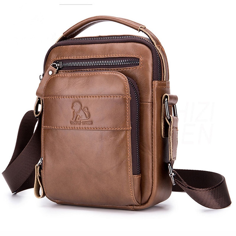 Men's Crossbody Bag Shoulder Messenger Bag Mobile Phone Bag Crossbody Bag Cowhide Daily Office & Career Pattern / Print Solid Color Black Brown Coffee2