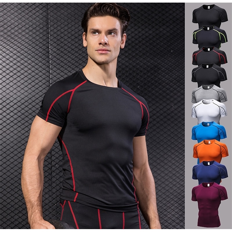 Men's Compression Shirt Running Shirt Basic Short Sleeve Tee Tshirt Athletic Fall Stripes Spandex 4 Way Stretch Quick Dry Anatomic Design Breathable Gym Workout Running Fitness Sportswear Activewear - Main Image