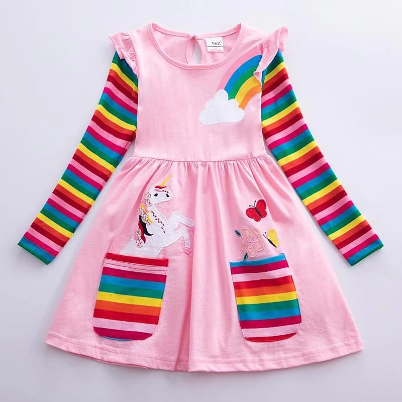 Kids Little Girls' Dress Unicorn Rainbow Flower T Shirt Dress Tee Dress Cartoon With Pockets Print Blue Yellow Cotton Above Knee Long Sleeve Active Casual Dresses Regular Fit 2-8 Years3