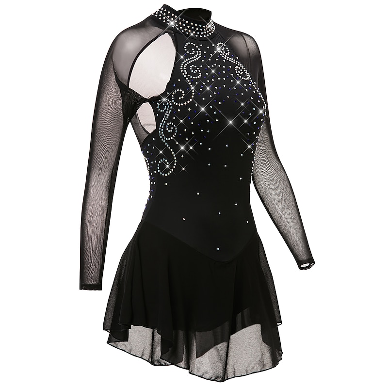 Figure Skating Dress Women's Girls' Ice Skating Dress Outfits Black Mesh Spandex High Elasticity Practice Professional Competition Skating Wear Anatomic Design Quick Dry Handmade Classic Crystal3