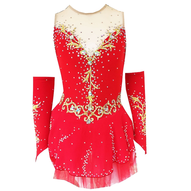 Figure Skating Dress Women's Girls' Ice Skating Dress Outfits White / White Yellow & Yellow Dark Purple Open Back Mesh Spandex Training Competition Skating Wear Handmade Crystal / Rhinestone Ice2