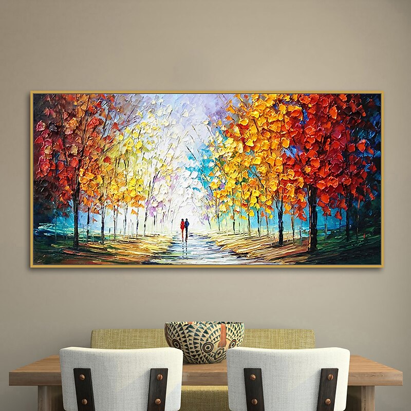Handmade Oil Painting Canvas Wall Art Decoration Pedestrian Trees Autumn Scenery for Home Decor Stretched Frame Hanging Painting 9