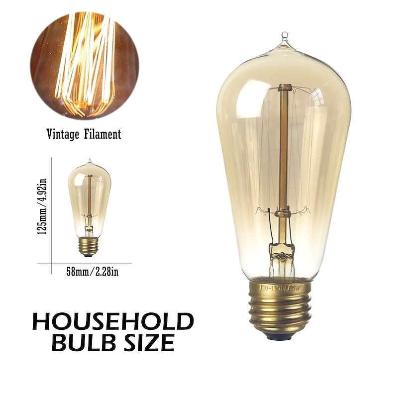 1pc Edison Light Bulbs ST58 40w Vintage Antique Tungsten Filament Incandescent Bulbs E26/E27 Base Light Bulbs for Decorative Pendant Lighting 220V Amber Glass4