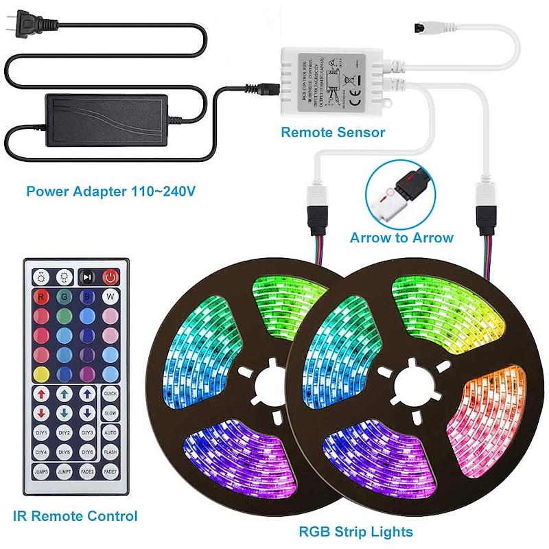 LED Strip Lights Waterproof 2x5M RGB Tiktok Lights 5050 SMD 10mm Light Sets 300 LEDs with 44Key IR Controller 50W 12V 4A Power Supply Soft Light Strip Kit2