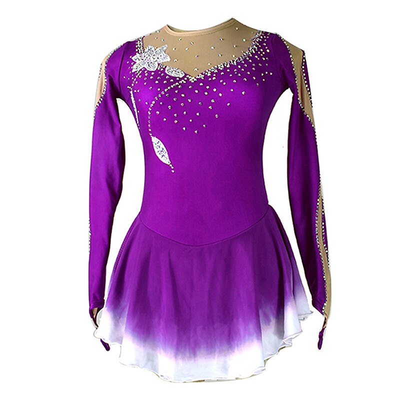 Figure Skating Dress Women's Girls' Ice Skating Dress Outfits Violet Burgundy Royal Blue Flower Patchwork Spandex Stretchy Training Competition Skating Wear Handmade Patchwork Classic Crystal2