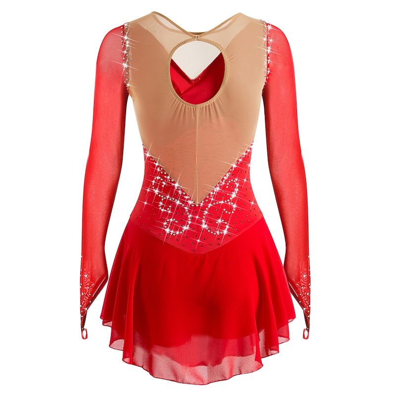 Figure Skating Dress Women's Girls' Ice Skating Dress White Black Red Open Back Mesh Spandex High Elasticity Training Competition Skating Wear Handmade Classic Crystal / Rhinestone Long Sleeve Ice3