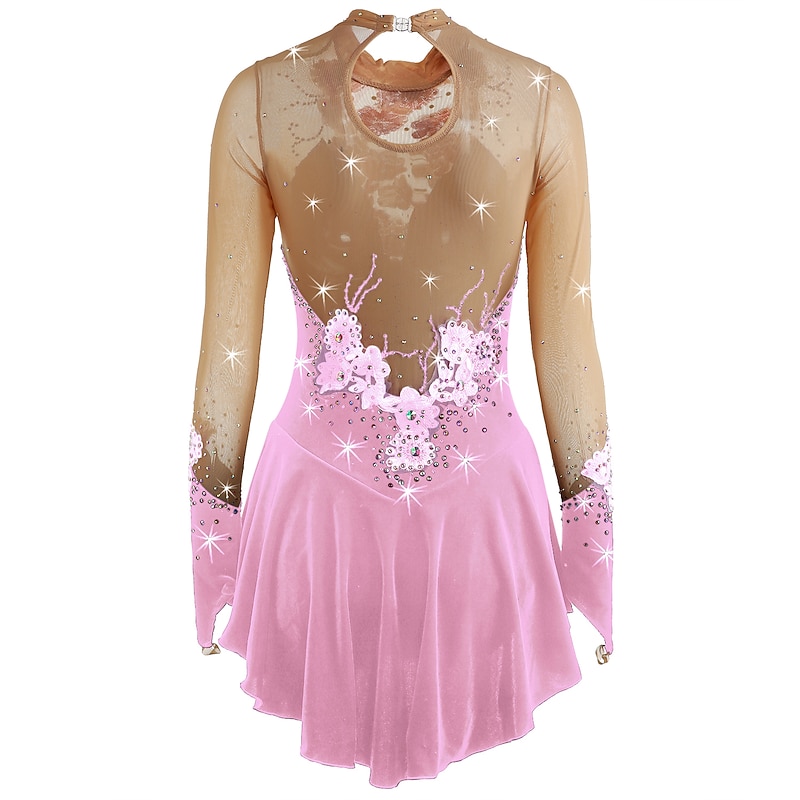 Figure Skating Dress Women's Girls' Ice Skating Dress Outfits Yan pink Amethyst Violet Flower Spandex High Elasticity Competition Skating Wear Warm Handmade Jeweled Rhinestone Long Sleeve Ice Skating 30