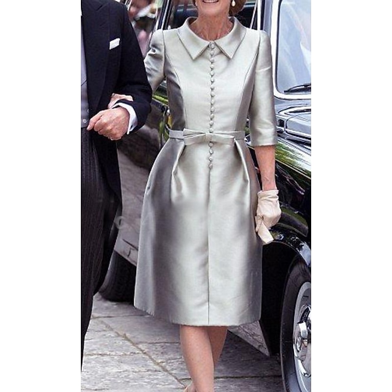 Sheath Mother of the BrideCocktail Dresses Elegant Dress Wedding Guest Cocktail Party Knee Length 3/4 Length Sleeve Shirt Collar Pocket Stretch Satin with Sash / Ribbon Race Day Dress