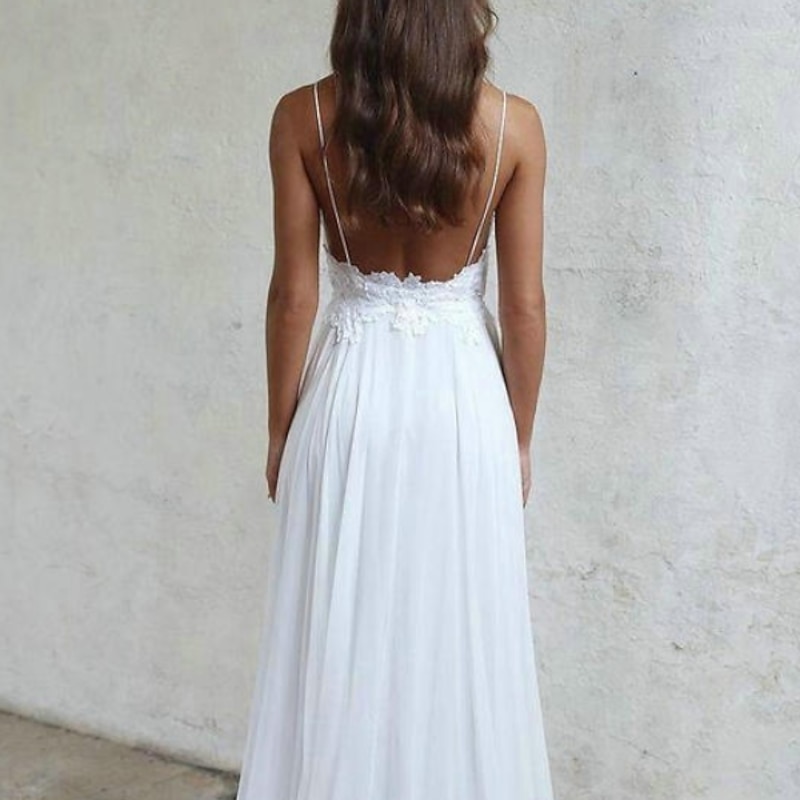 Beach Sexy Boho Simple Wedding Dress Beach Wedding A-Line Sweetheart Camisole Spaghetti Strap Sweep / Brush Train Chiffon Bridal Gowns With Pleats Appliques  dress to impress Fall Wedding2