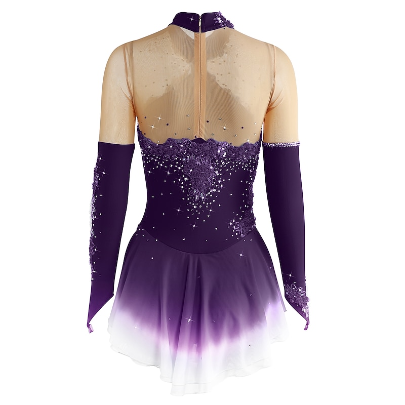 Figure Skating Dress Women's Girls' Ice Skating Dress Yellow Dark Purple Dusty Rose Patchwork Flower Mesh Spandex High Elasticity Competition Skating Wear Handmade Floral Long Sleeve Ice Skating3