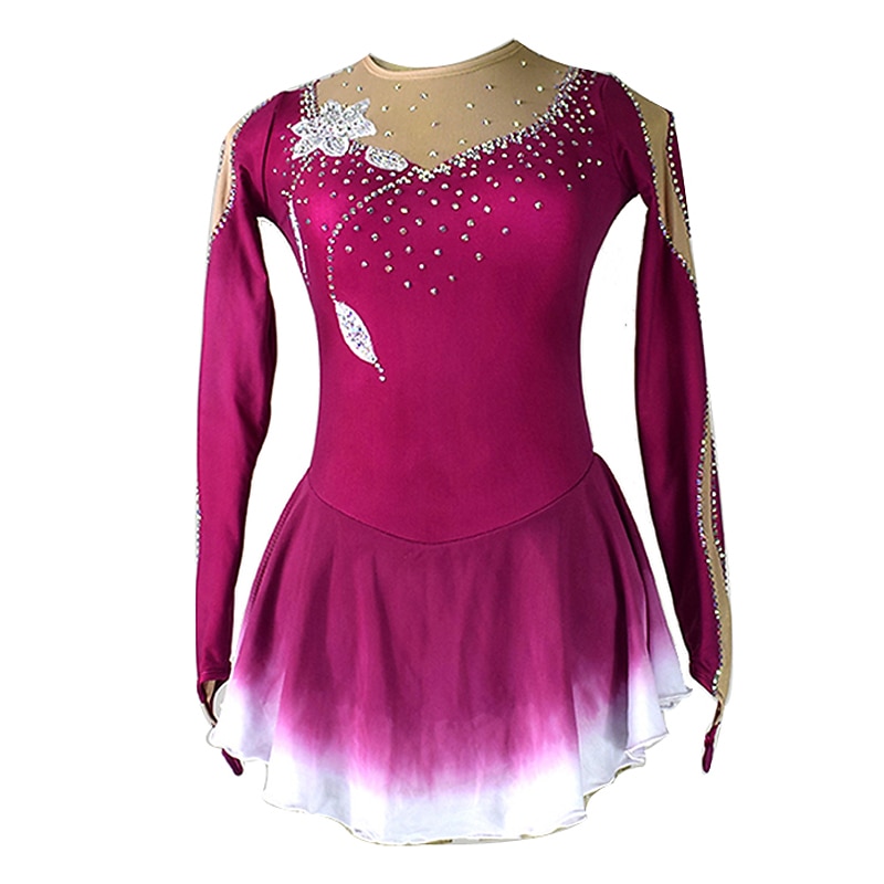 Figure Skating Dress Women's Girls' Ice Skating Dress Outfits Violet Burgundy Royal Blue Flower Patchwork Spandex Stretchy Training Competition Skating Wear Handmade Patchwork Classic Crystal3