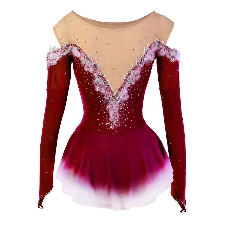 Figure Skating Dress Women's Girls' Ice Skating Dress Yellow Pink Dark Purple Patchwork Mesh Spandex High Elasticity Competition Skating Wear Crystal / Rhinestone Dumb Light Fashion Long Sleeve Ice4