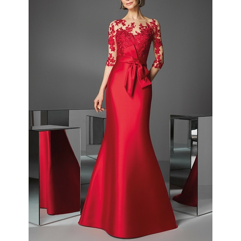 Mermaid Mother of the Bride Evening Gown Elegant Dress Engagement Floor Length 3/4 Length Sleeve Illusion Neck Fall Wedding Guest Satin with Appliques4