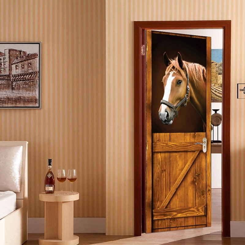 3D Horse Door Stickers Stable Decor DIY Home Decoration Closet Poster Door Stickers for bedroom living room 77*200CM4